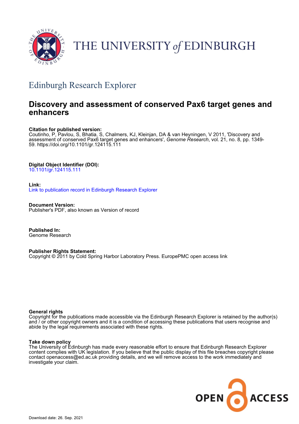 Discovery and Assessment of Conserved Pax6 Target Genes and Enhancers