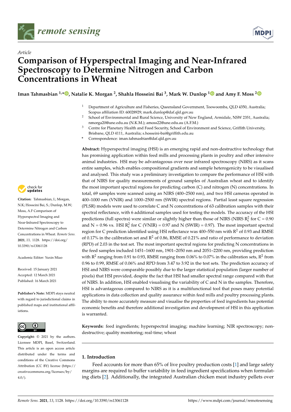 Comparison of Hyperspectral Imaging and Near-Infrared Spectroscopy to Determine Nitrogen and Carbon Concentrations in Wheat