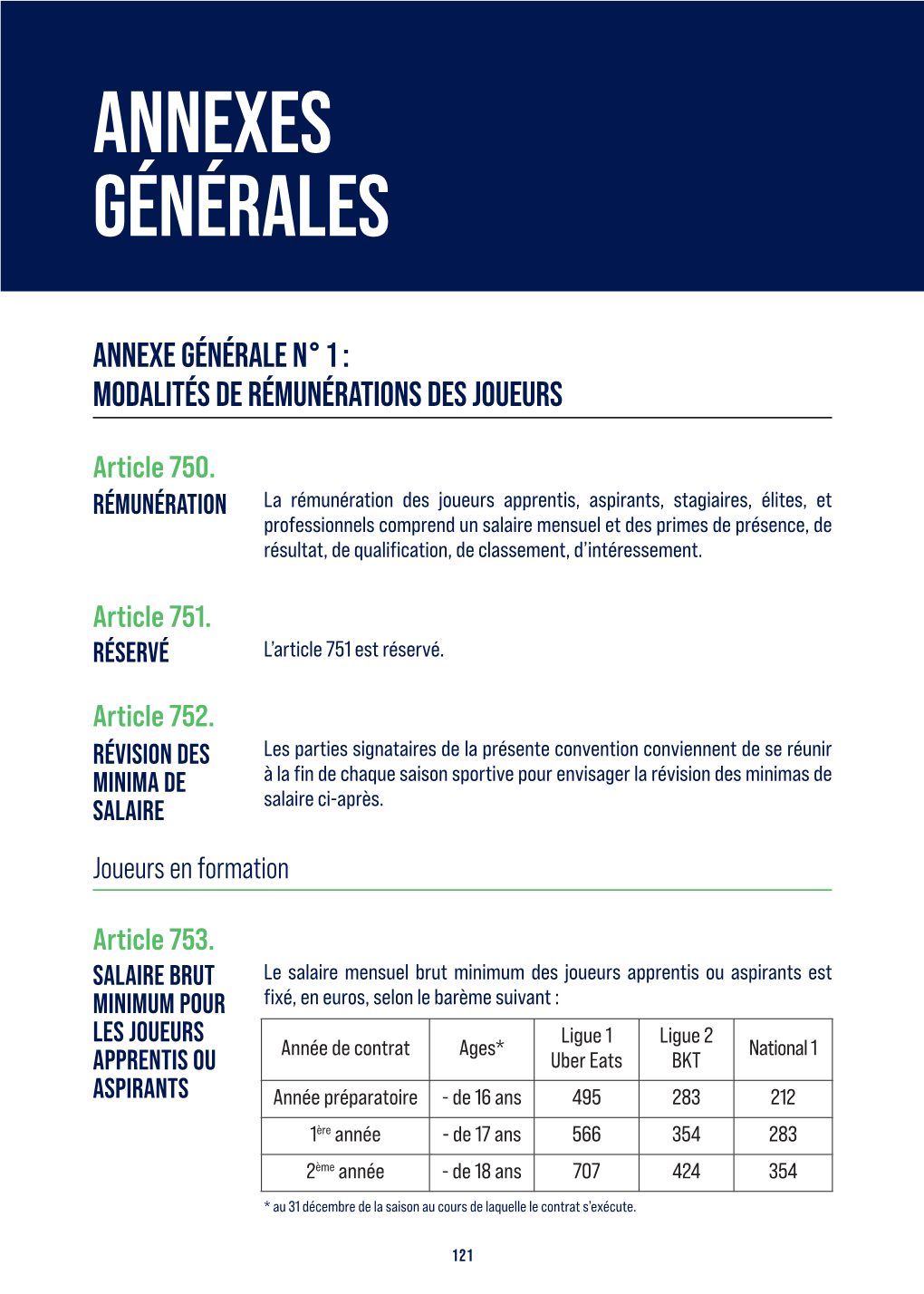 Annexe Générale N° 1 : Modalités De Rémunérations Des Joueurs