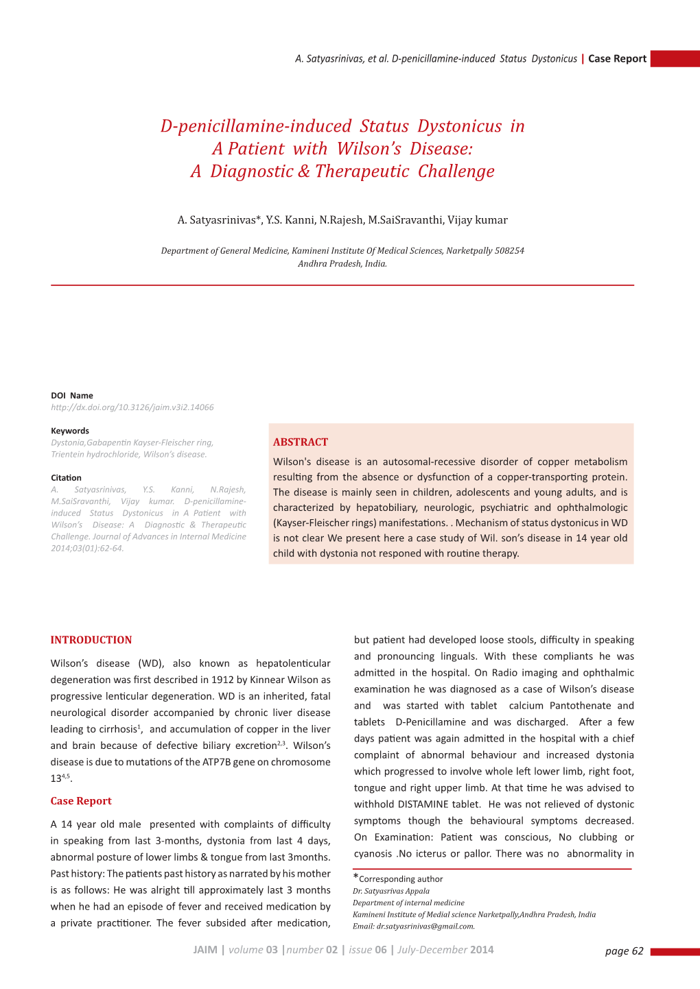 D-Penicillamine-Induced Status Dystonicus in a Patient with Wilson’S Disease: a Diagnostic & Therapeutic Challenge