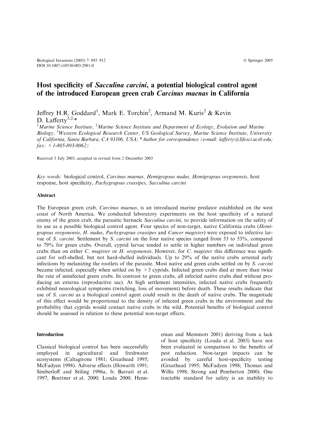Host Specificity of Sacculina Carcini, a Potential Biological Control Agent of the Introduced European Green Crab Carcinus Maena