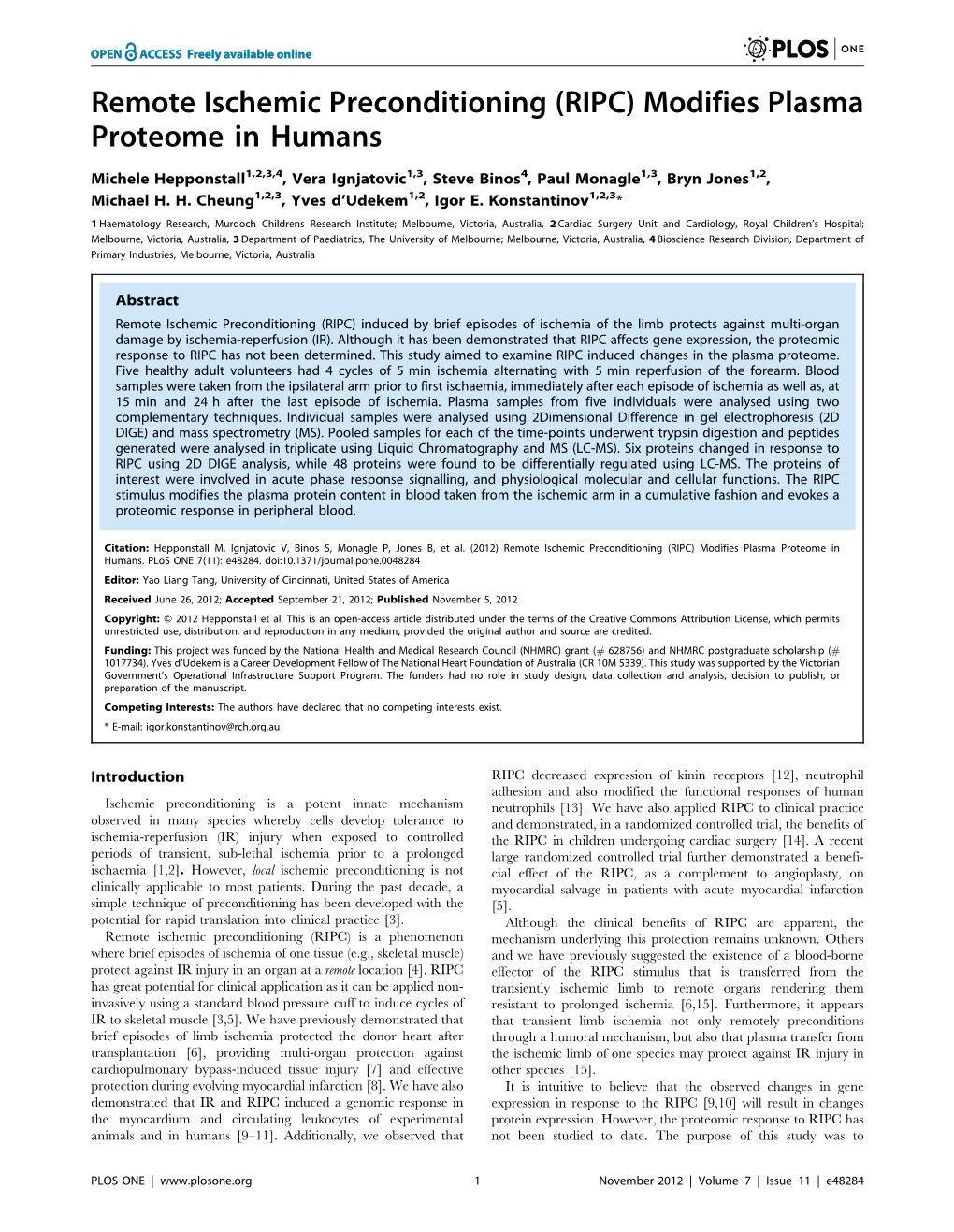 Remote Ischemic Preconditioning (RIPC) Modifies Plasma Proteome in Humans