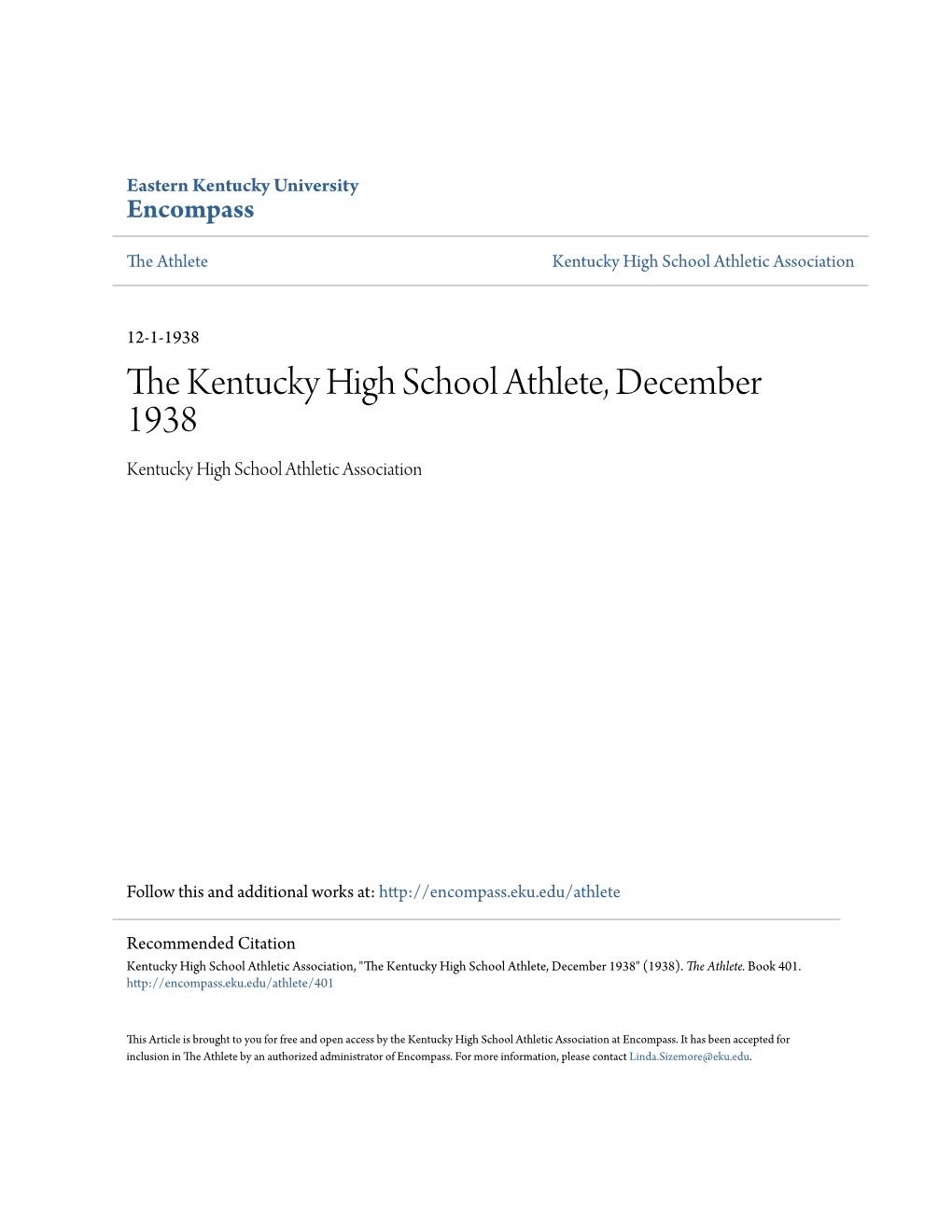 The Kentucky High School Athlete, December 1938 Kentucky High School Athletic Association