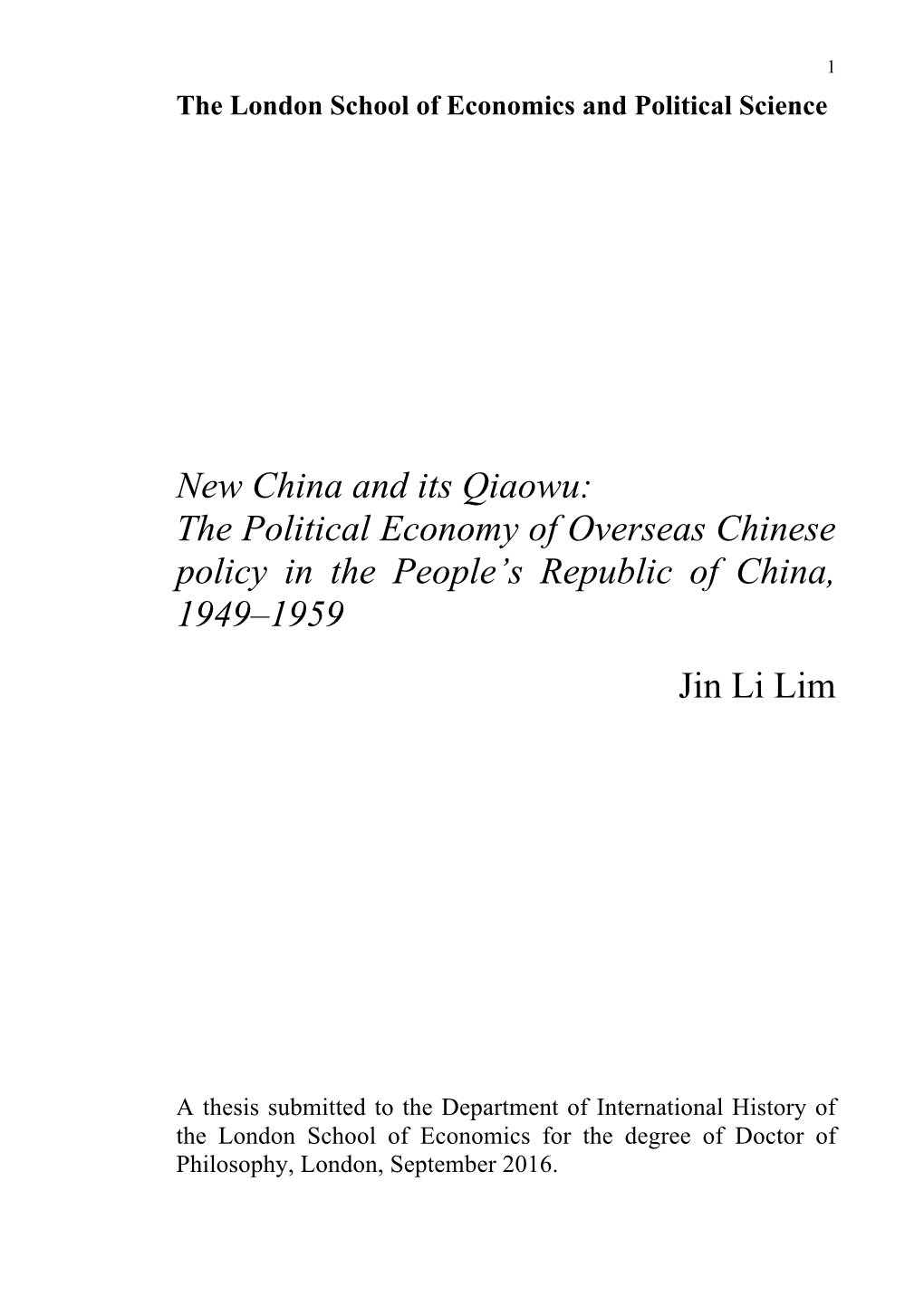 New China and Its Qiaowu: the Political Economy of Overseas Chinese Policy in the People’S Republic of China, 1949–1959