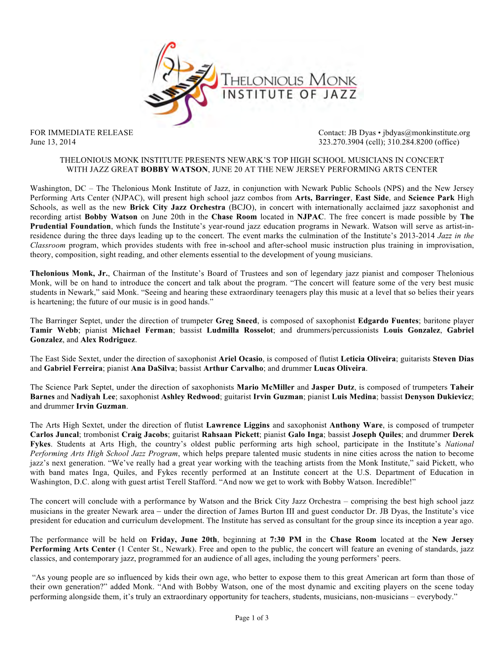 Newark Public Schools/BCJO/Bobby Watson 6/20/14 Newark Concert