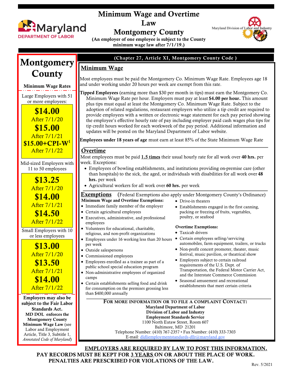 Montgomery County (An Employer of One Employee Is Subject to the County Minimum Wage Law After 7/1/19.)