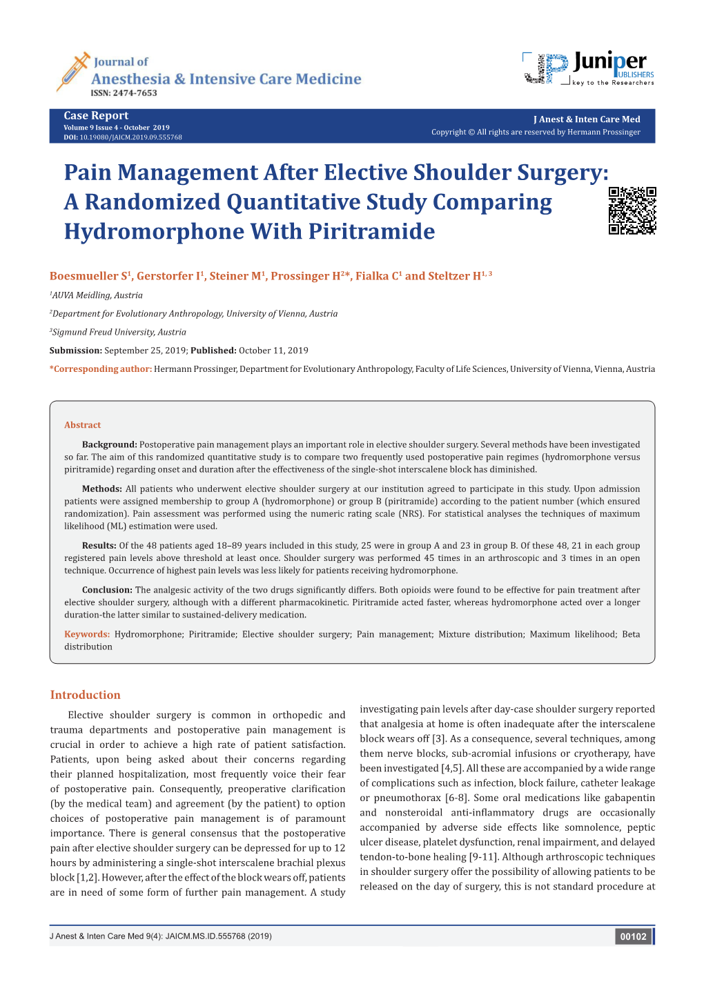 Pain Management After Elective Shoulder Surgery: a Randomized Quantitative Study Comparing Hydromorphone with Piritramide