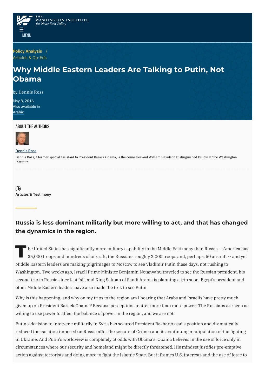 Why Middle Eastern Leaders Are Talking to Putin, Not Obama by Dennis Ross