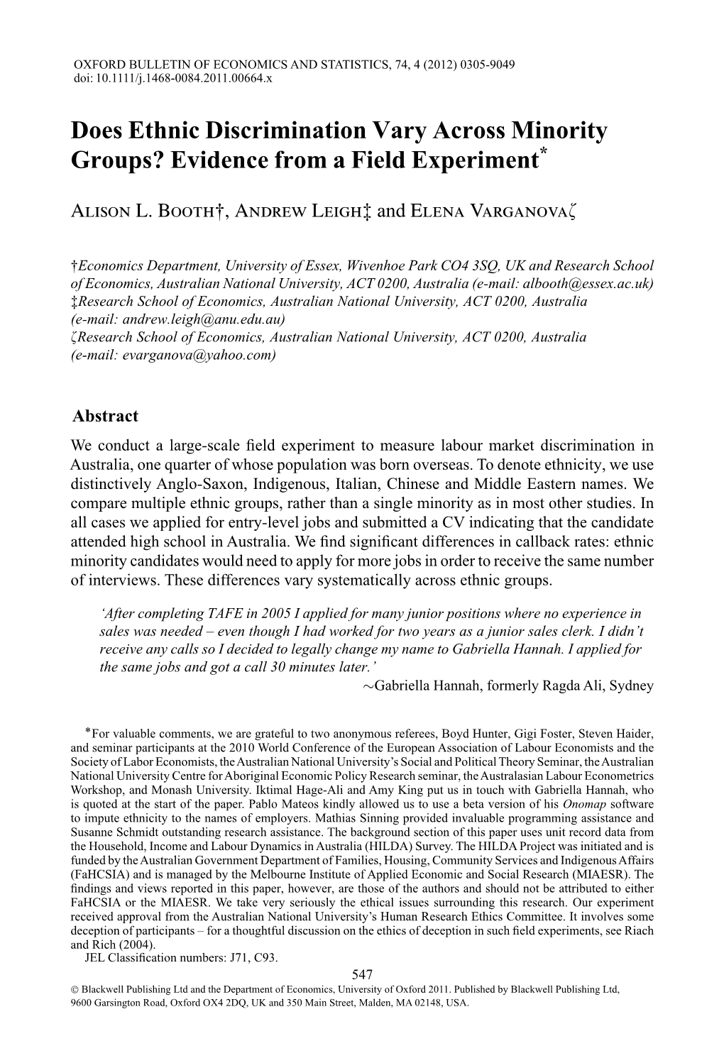 Does Ethnic Discrimination Vary Across Minority Groups? Evidence from a Field Experiment*