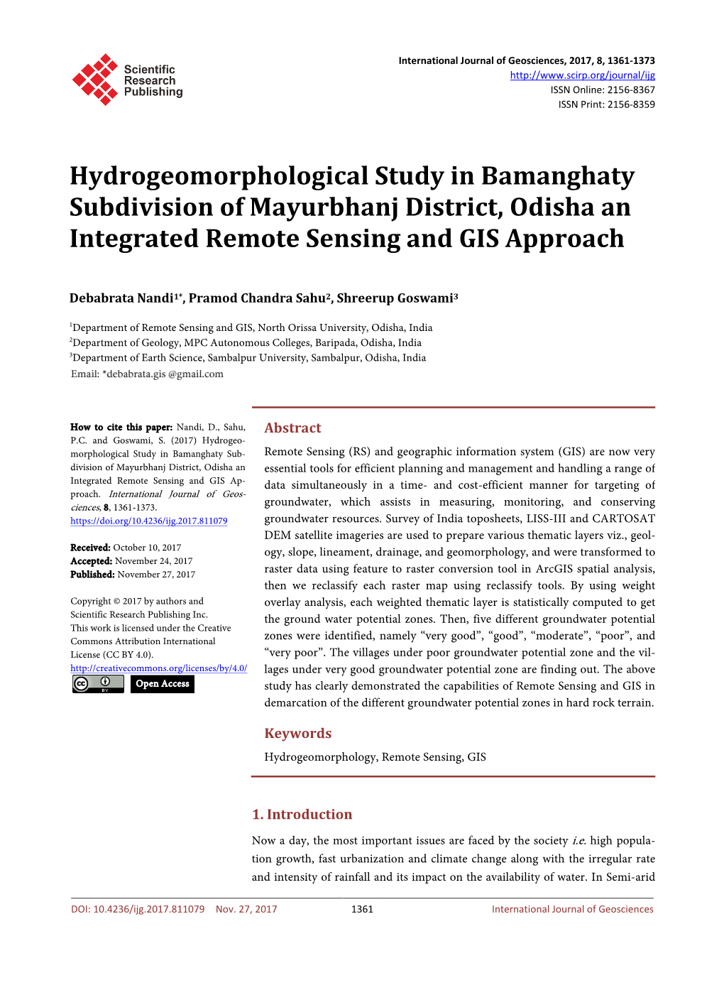 Hydrogeomorphological Study in Bamanghaty Subdivision of Mayurbhanj District, Odisha an Integrated Remote Sensing and GIS Approach