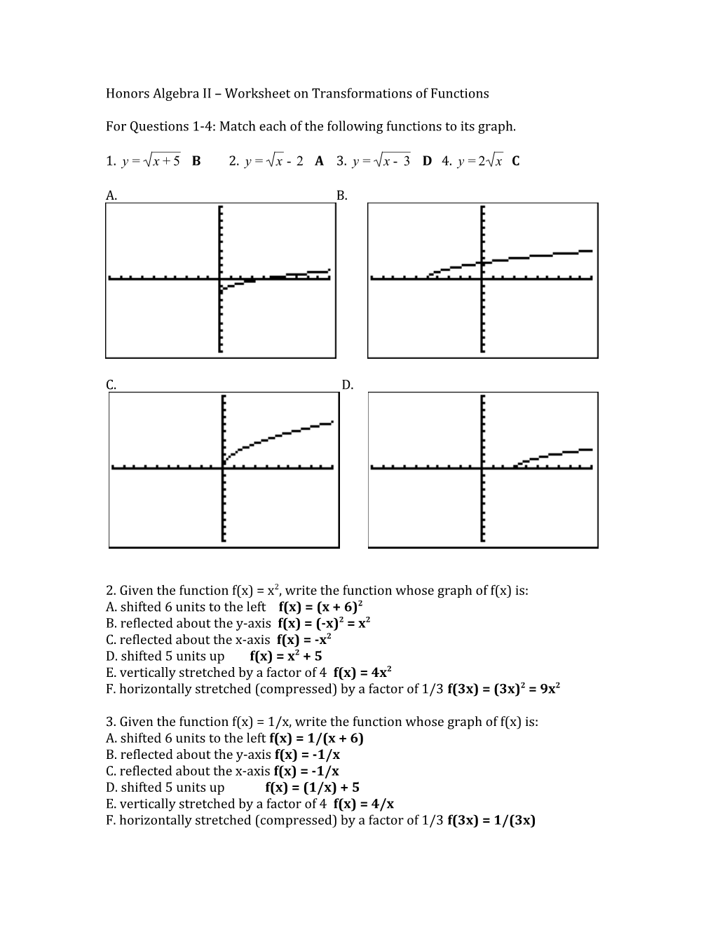 Honors Algebra II Worksheet on Transformations of Functions