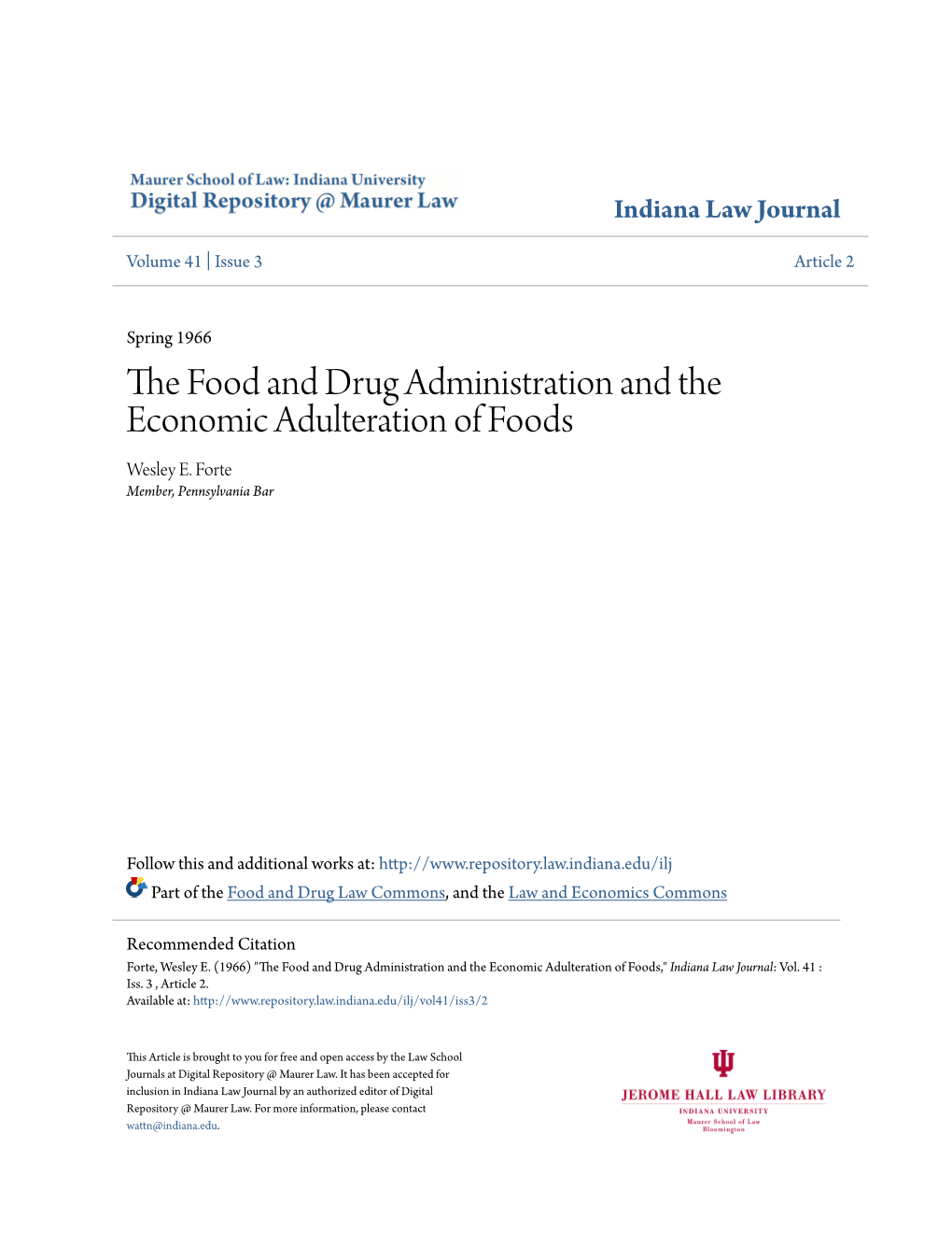 The Food and Drug Administration and the Economic Adulteration of Foods