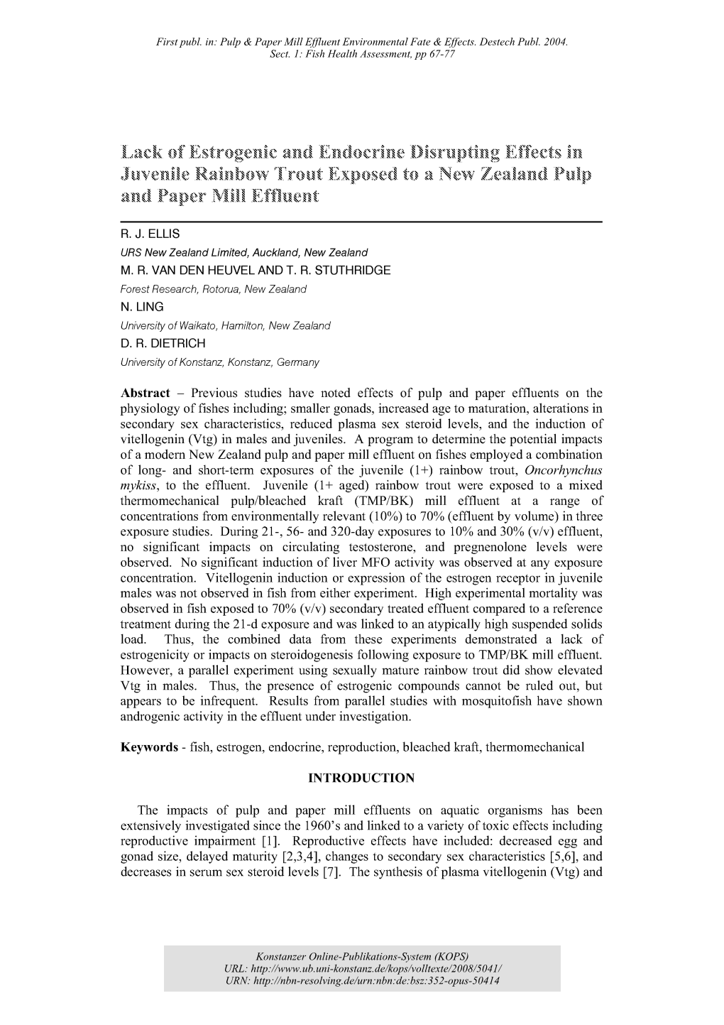 Lack of Estrogenic and Endocrine Disrupting Effects in Juvenile Rainbow Trout Exposed to a New Zealand Pulp and Paper Mill Efflu