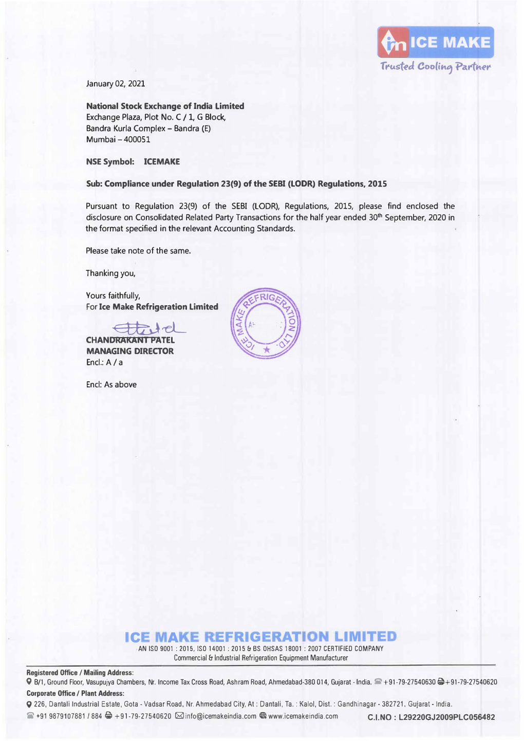 Ctt:,J,Cl CHANDRAKANT PATEL MANAGING DIRECTOR Encl.: A/ A