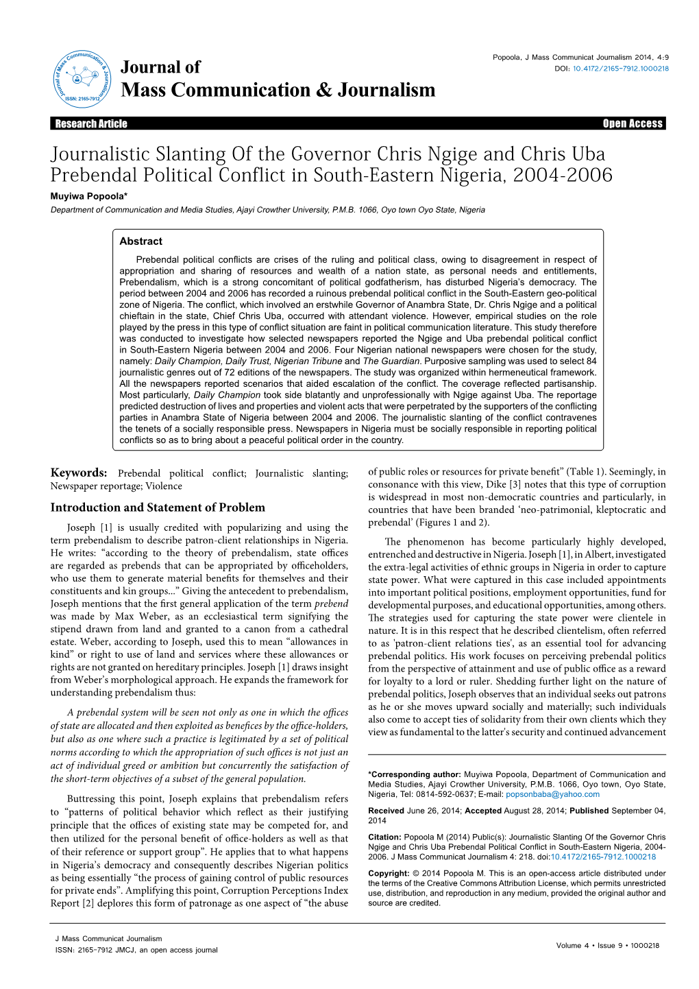 Journalistic Slanting of the Governor Chris Ngige and Chris Uba Prebendal Political Conflict in South-Eastern Nigeria, 2004-2006