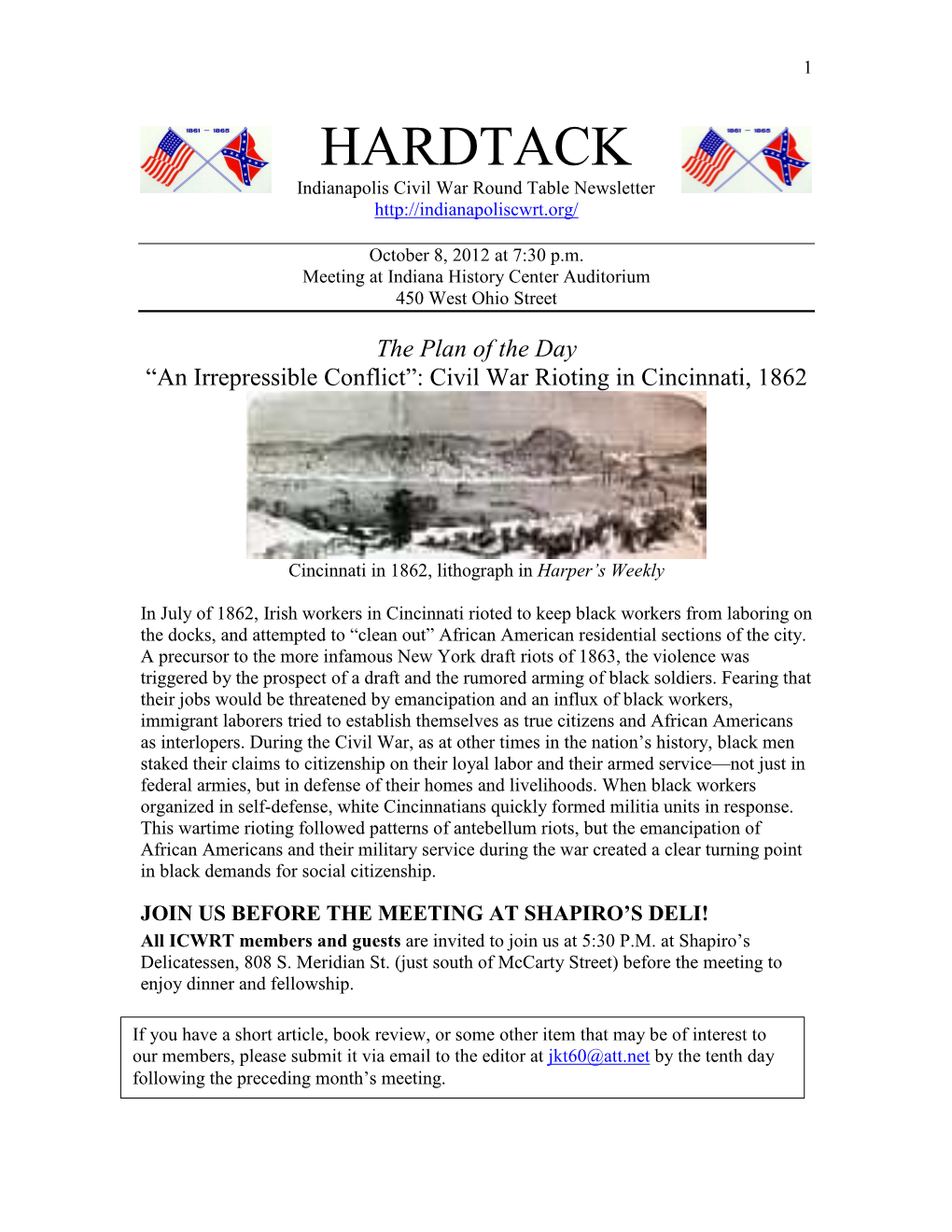 HARDTACK Indianapolis Civil War Round Table Newsletter