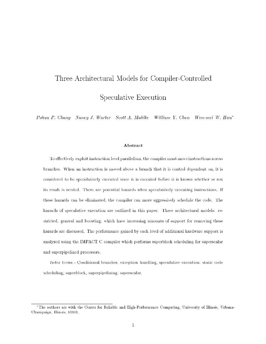 Three Architectural Models for Compiler-Controlled Speculative