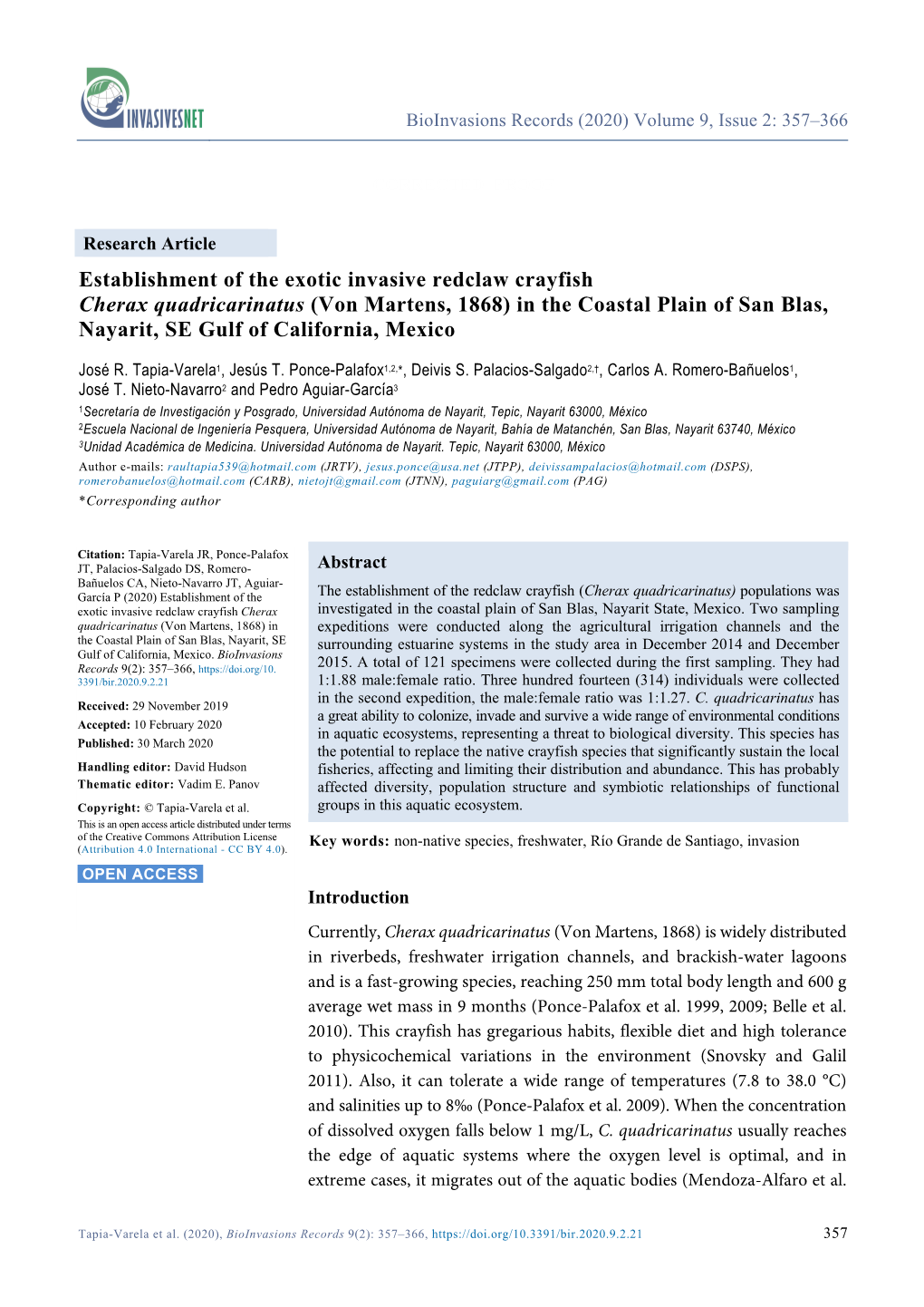 Establishment of the Exotic Invasive Redclaw Crayfish Cherax