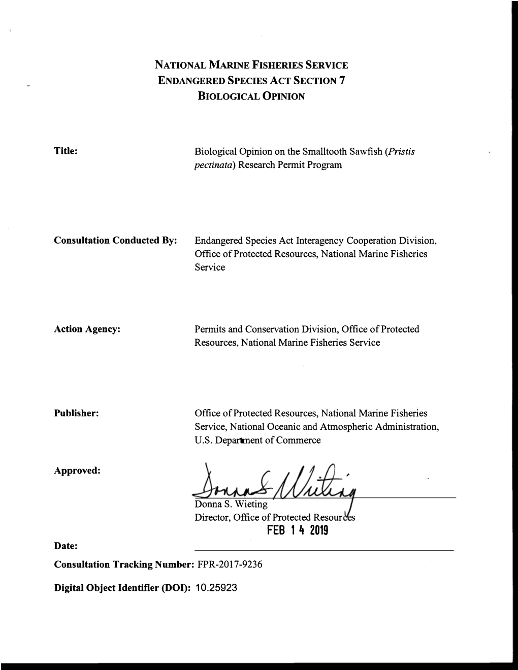 Smalltooth Sawfish Programmatic FPR-2017-9236