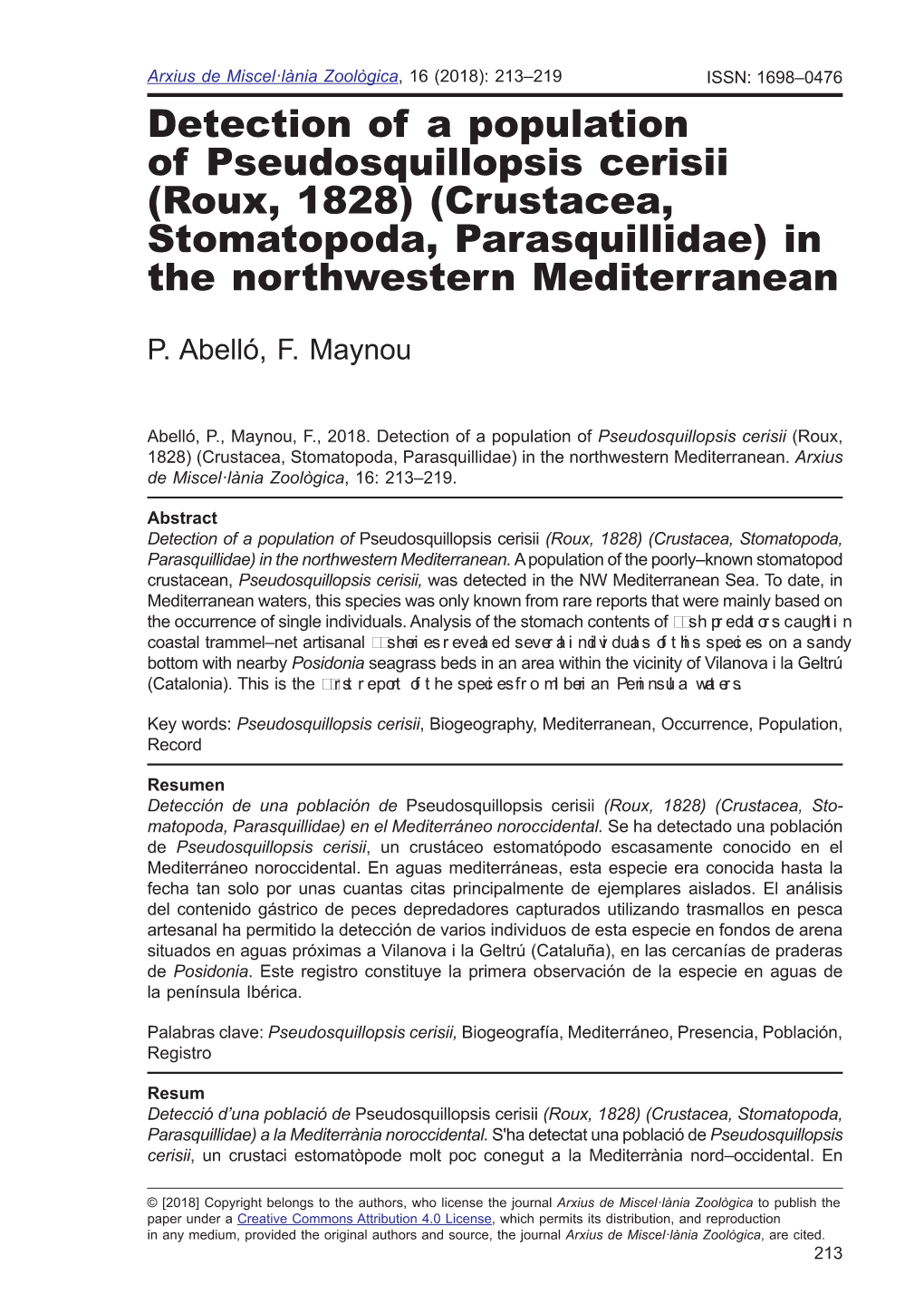 Detection of a Population of Pseudosquillopsis Cerisii (Roux, 1828) (Crustacea, Stomatopoda, Parasquillidae) in the Northwestern Mediterranean