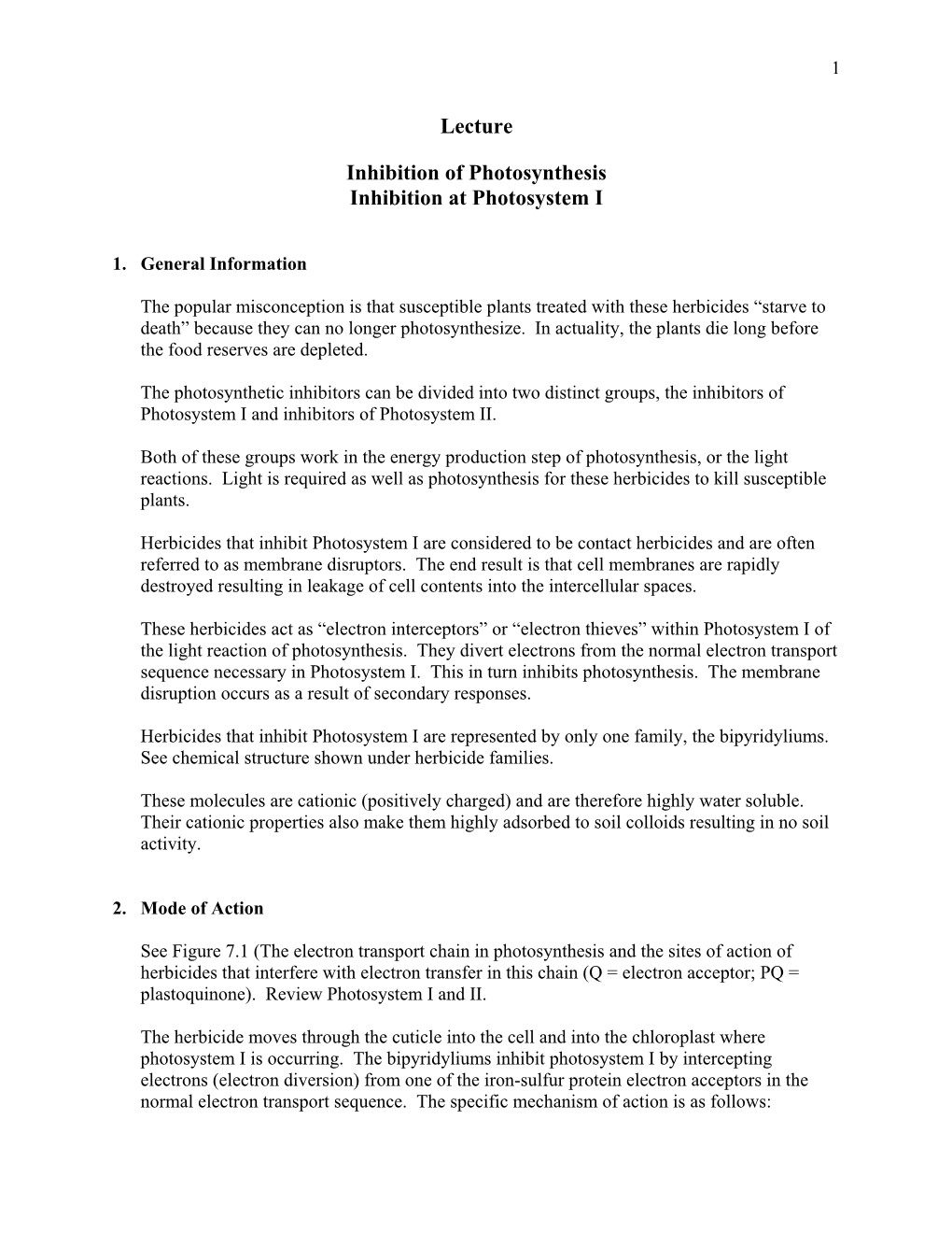 Lecture Inhibition of Photosynthesis Inhibition at Photosystem I