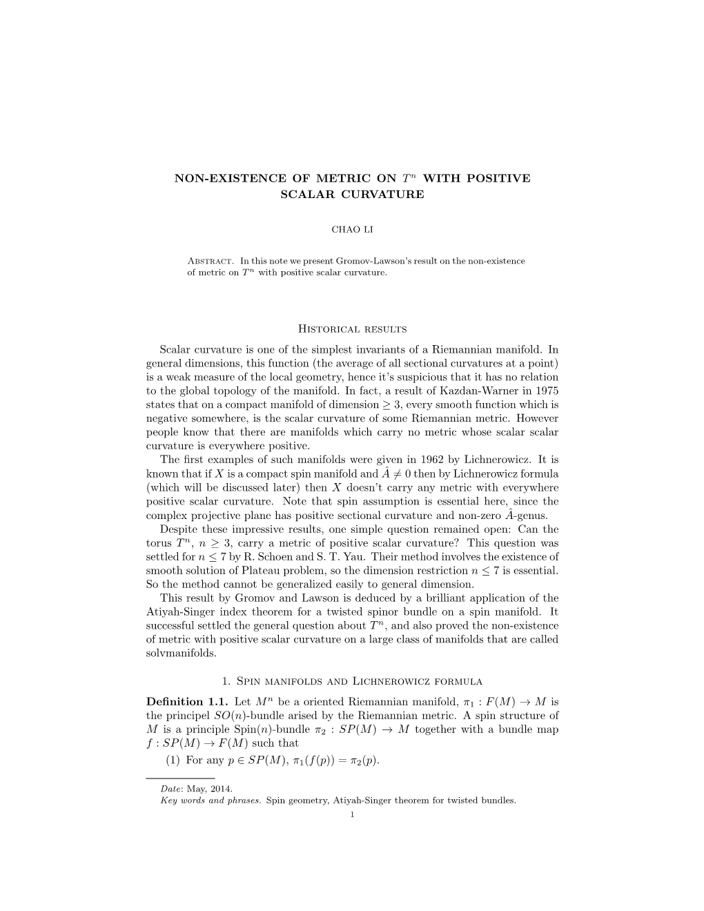 NON-EXISTENCE of METRIC on Tn with POSITIVE SCALAR