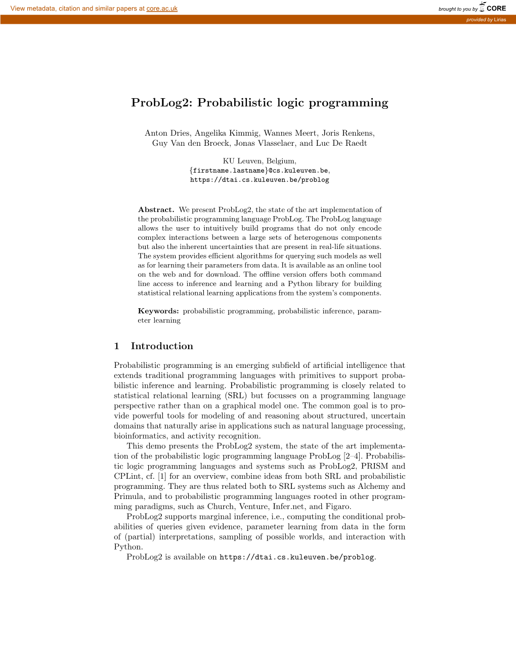 Probabilistic Logic Programming