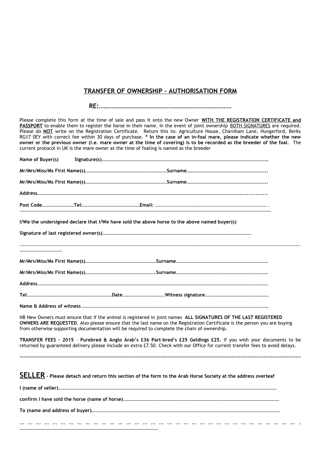 Transfer of Ownership Authorisation Form