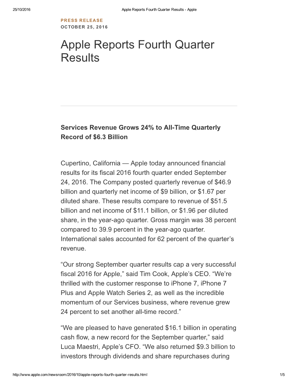 Apple Reports Fourth Quarter Results ­ Apple