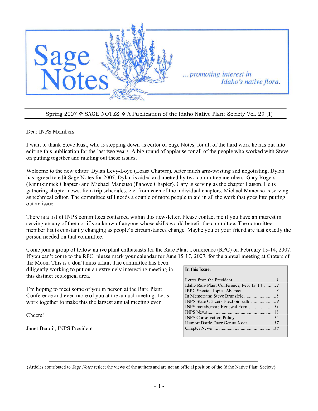 Spring 2007 ™ SAGE NOTES ™ a Publication of the Idaho Native Plant Society Vol