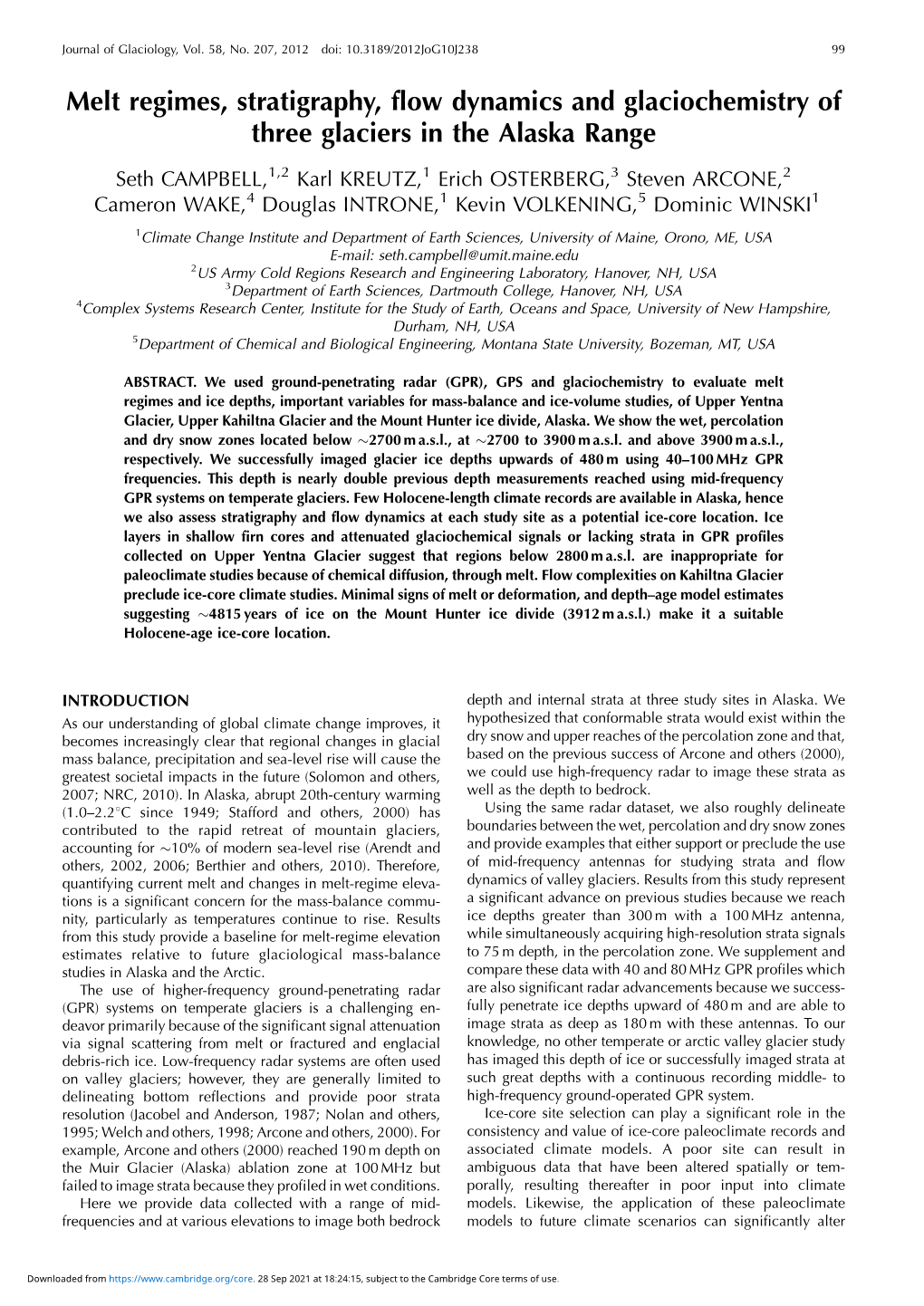 Melt Regimes, Stratigraphy, Flow Dynamics and Glaciochemistry of Three Glaciers in the Alaska Range