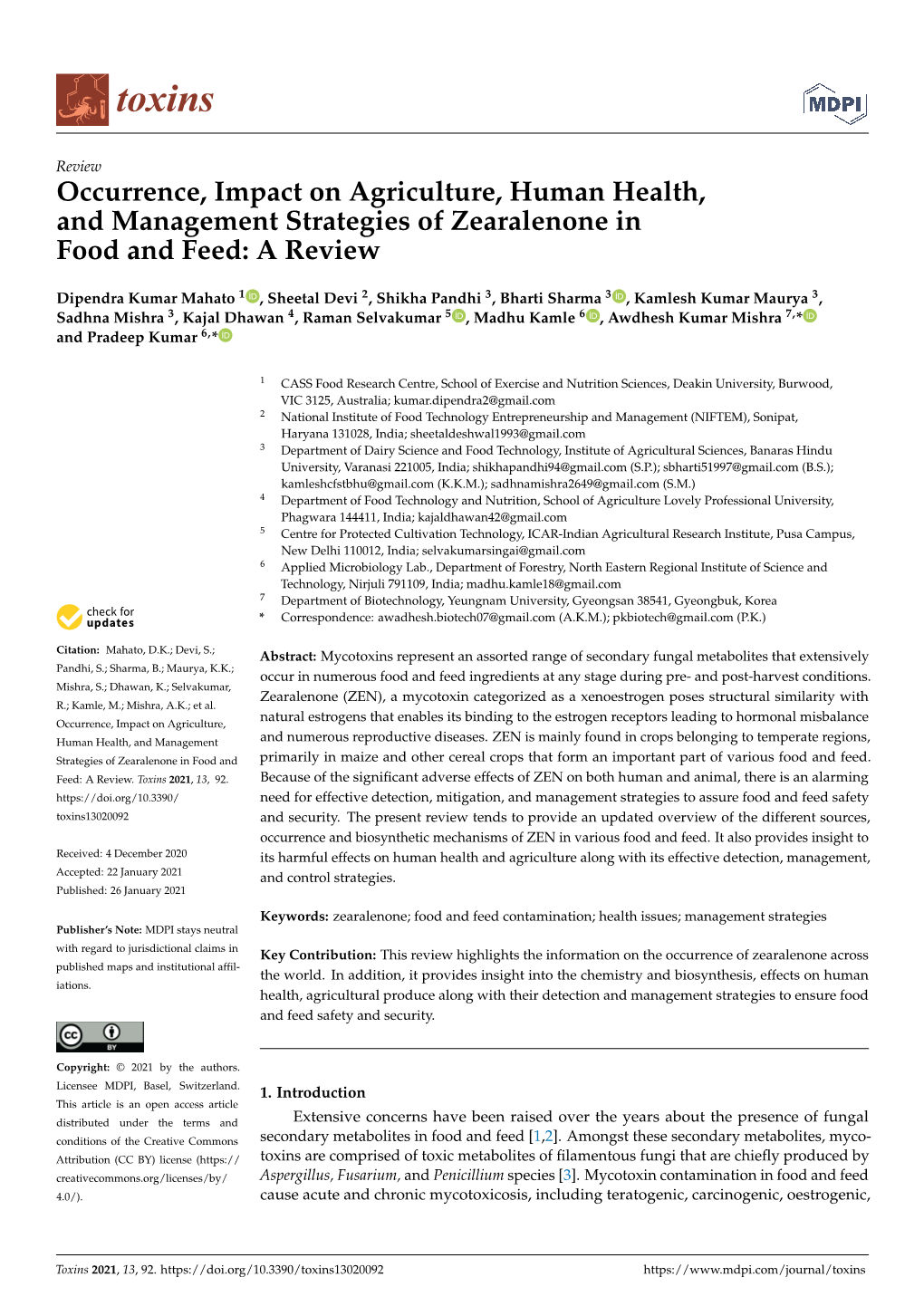 Occurrence, Impact on Agriculture, Human Health, and Management Strategies of Zearalenone in Food and Feed: a Review