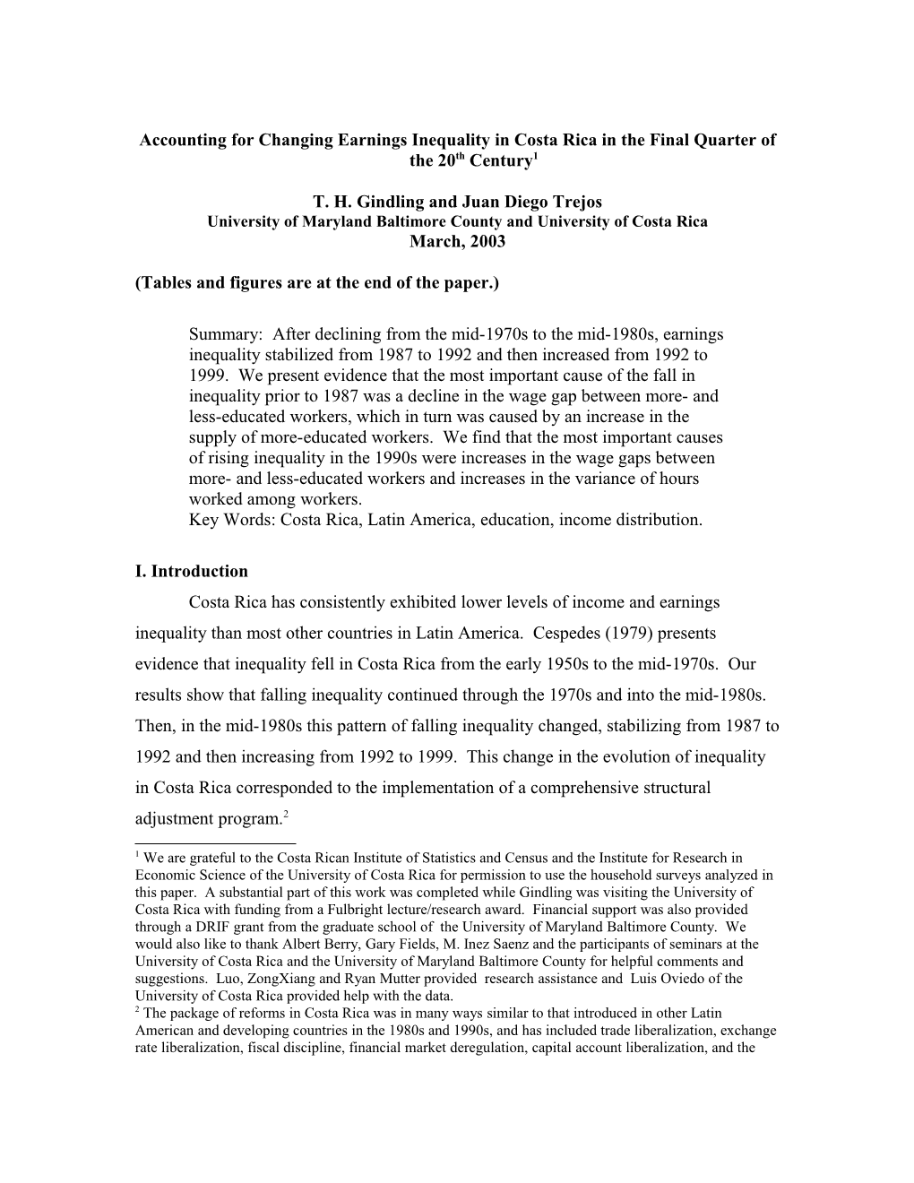 Causes of Changing Earnings Inequality in Costa Rica in the Final Quarter of the 20Th Century