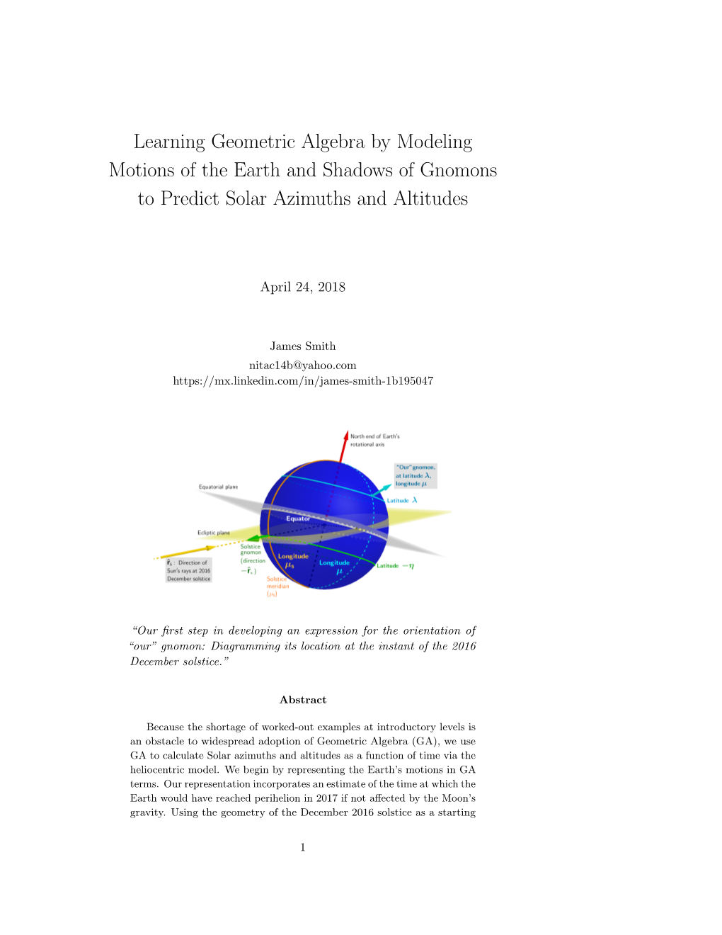 Learning Geometric Algebra by Modeling Motions of the Earth and Shadows of Gnomons to Predict Solar Azimuths and Altitudes