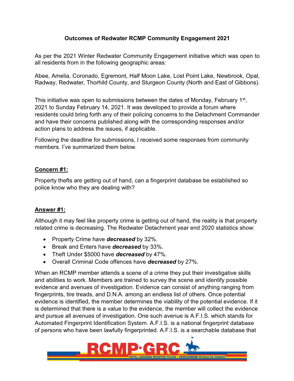 Outcomes of Redwater RCMP Community Engagement 2021