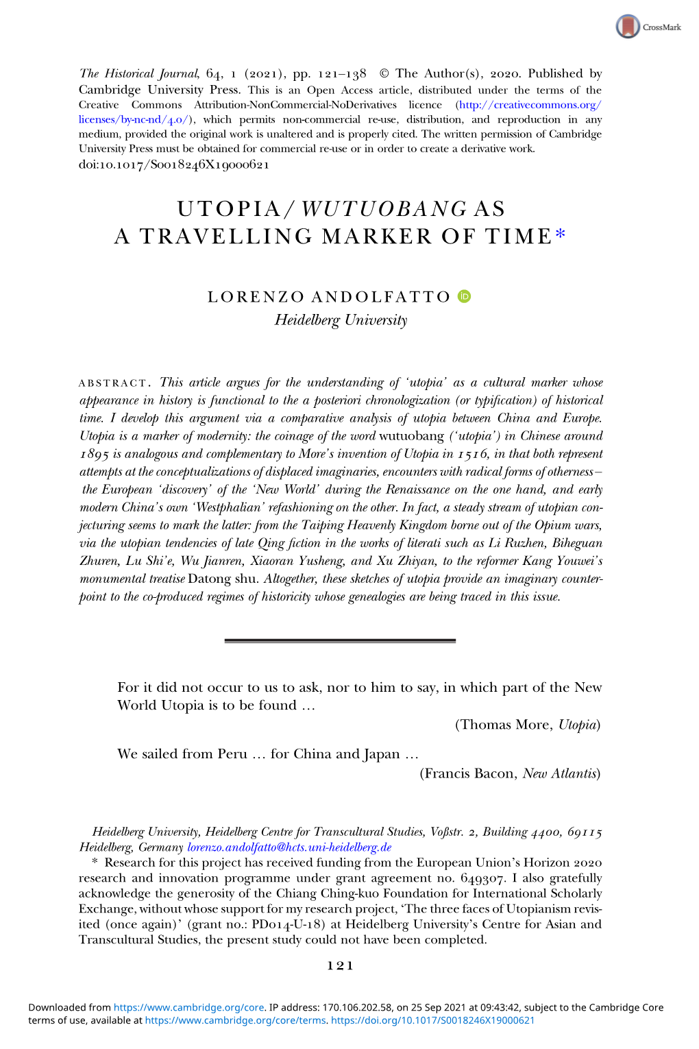 Utopia/Wutuobang As a Travelling Marker of Time*