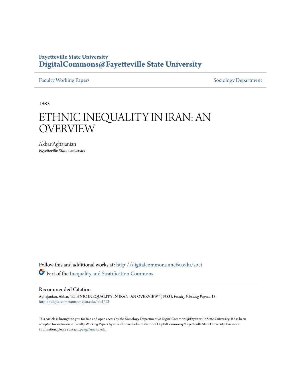 ETHNIC INEQUALITY in IRAN: an OVERVIEW Akbar Aghajanian Fayetteville State University