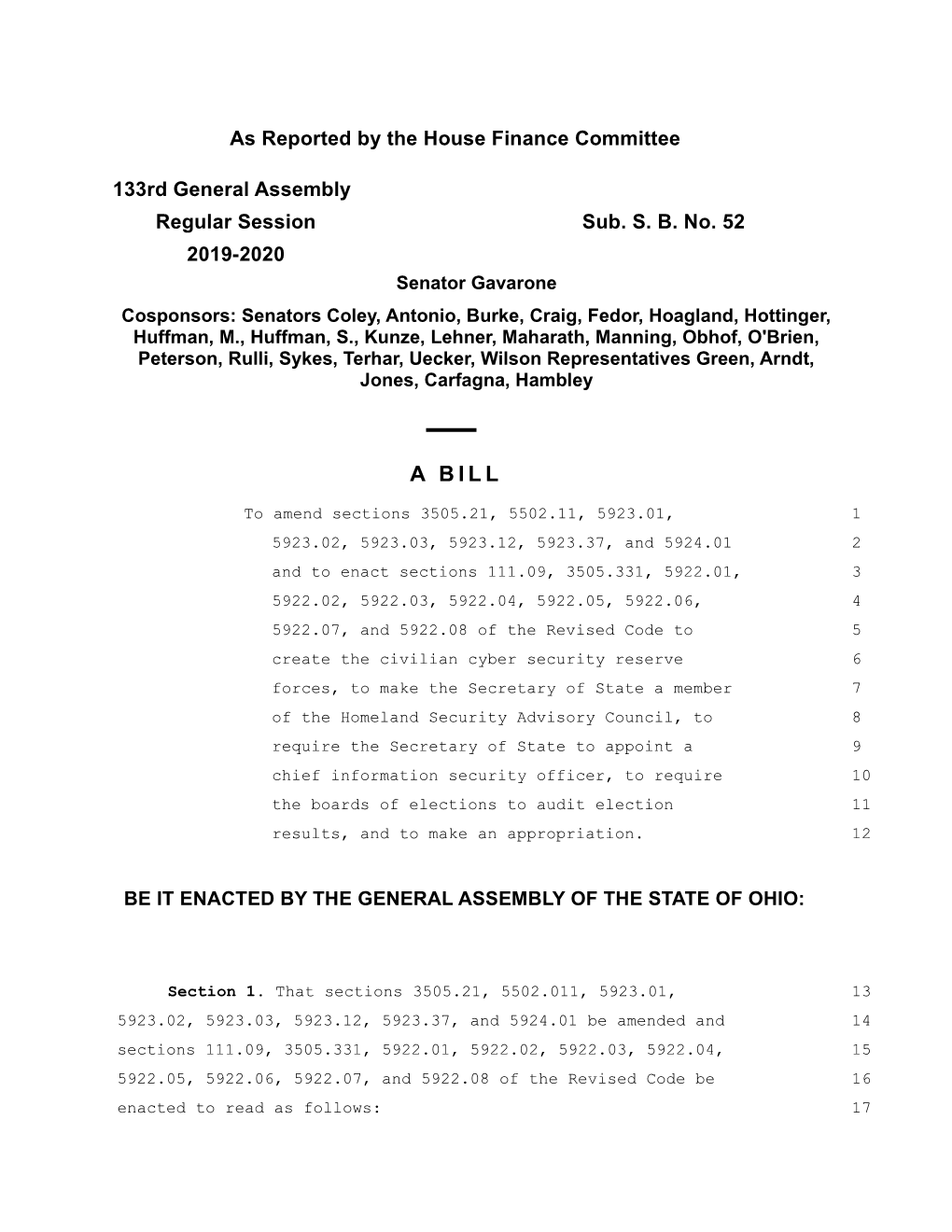 As Reported by the House Finance Committee 133Rd General Assembly Regular Session Sub. SB No. 52 2019-2020