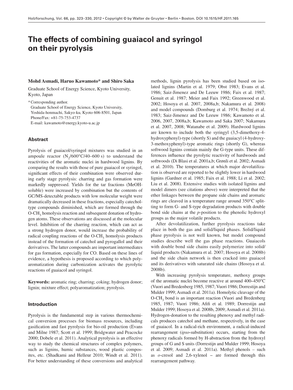 The Effects of Combining Guaiacol and Syringol on Their Pyrolysis