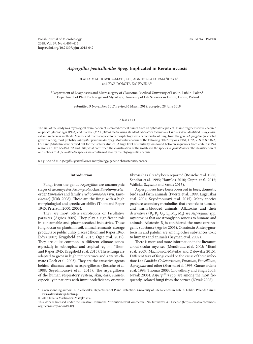 Aspergillus Penicillioides Speg. Implicated in Keratomycosis