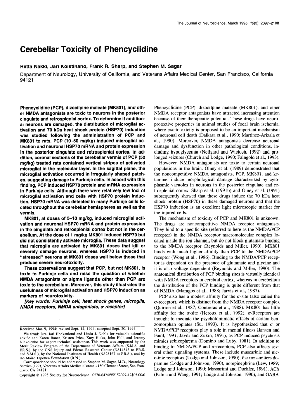 Cerebellar Toxicity of Phencyclidine