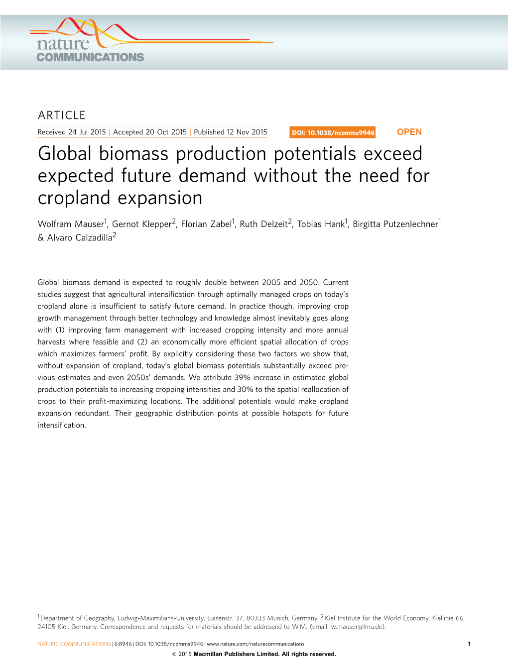 Global Biomass Production Potentials Exceed Expected Future Demand Without the Need for Cropland Expansion