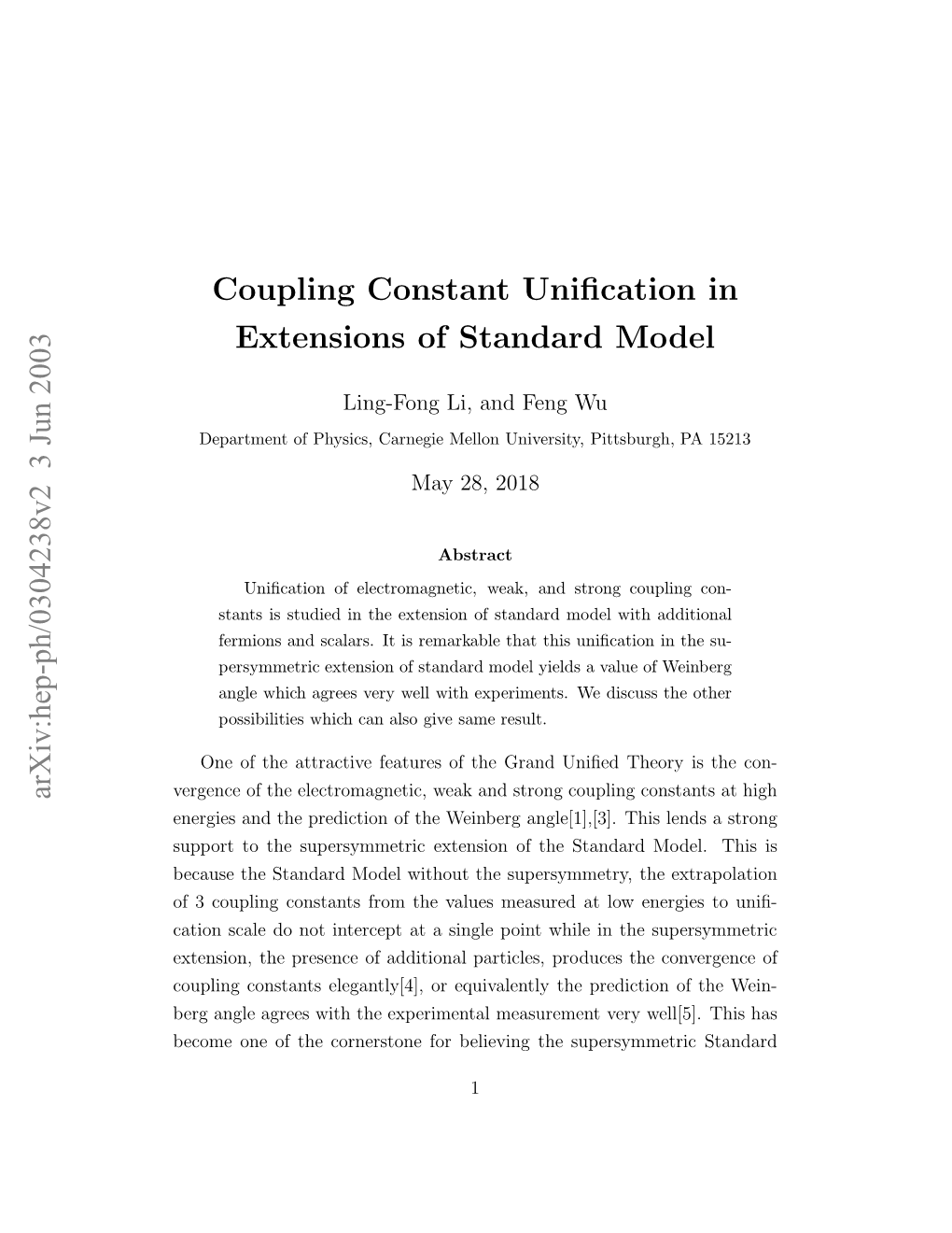 Coupling Constant Unification in Extensions of Standard Model