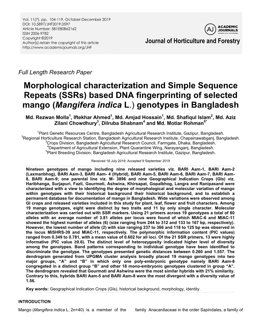 Based DNA Fingerprinting of Selected Mango (Mangifera Indica L.) Genotypes in Bangladesh