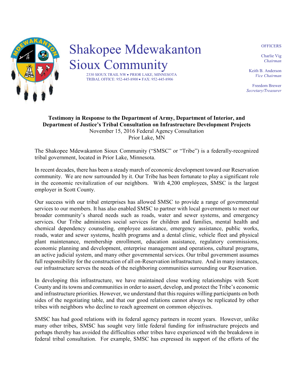 Shakopee Mdewakanton Sioux Community Testimony in Response to the Department of Army