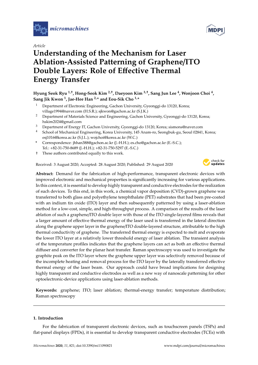 Understanding of the Mechanism for Laser Ablation-Assisted Patterning of Graphene/ITO Double Layers: Role of Eﬀective Thermal Energy Transfer