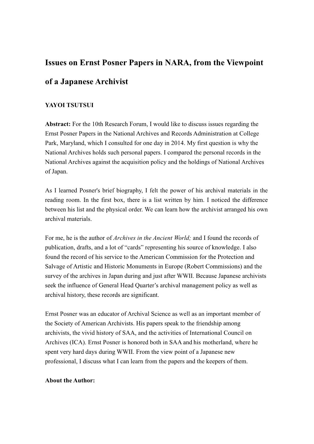 Issues on Ernst Posner Papers in NARA, from the Viewpoint of a Japanese Archivist