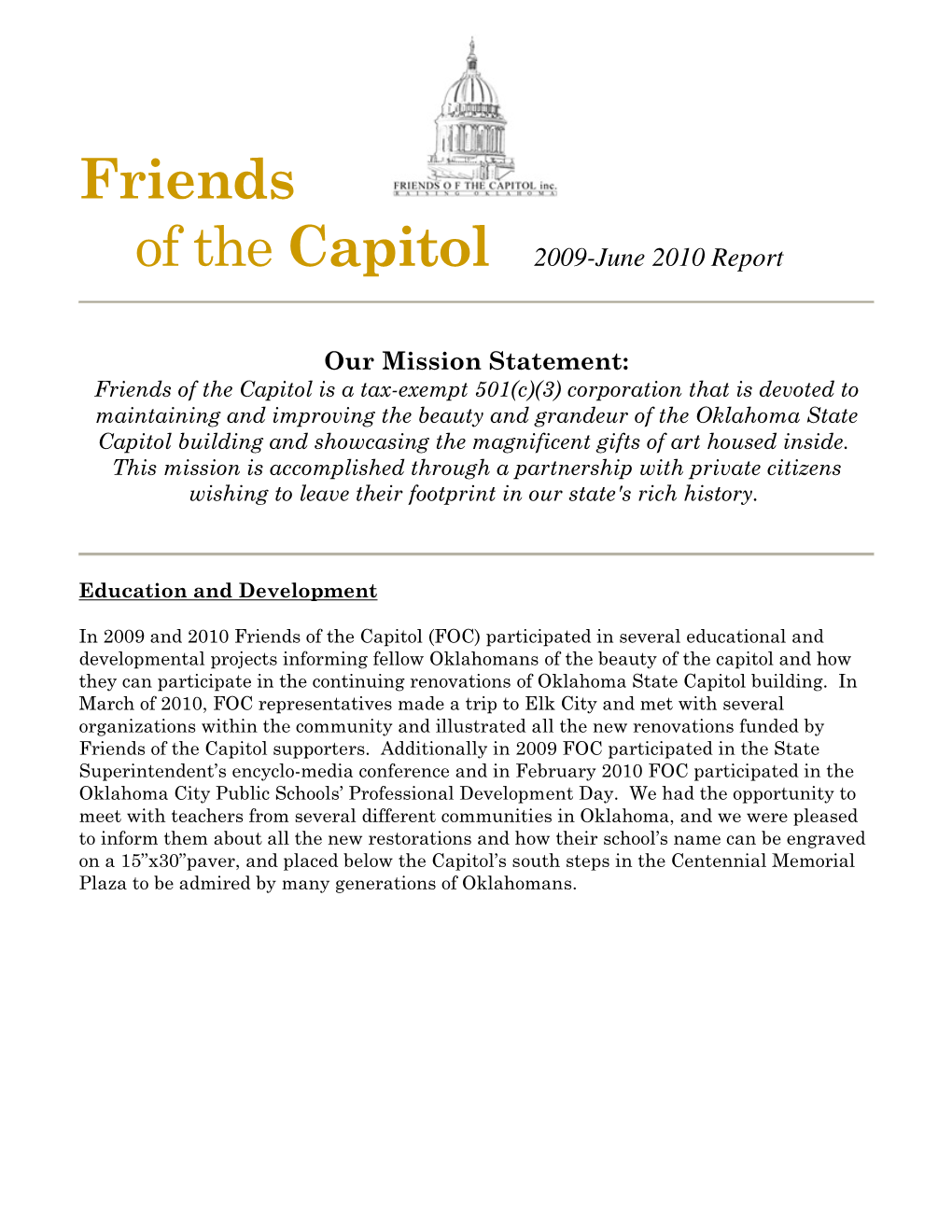 Friends of the Capitol 2009-June 2010 Report