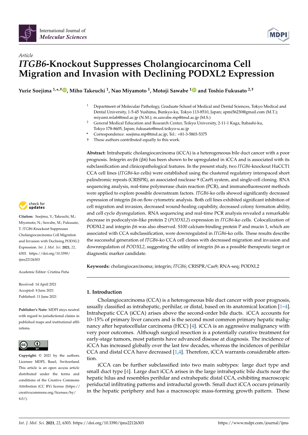 ITGB6-Knockout Suppresses Cholangiocarcinoma Cell Migration and Invasion with Declining PODXL2 Expression