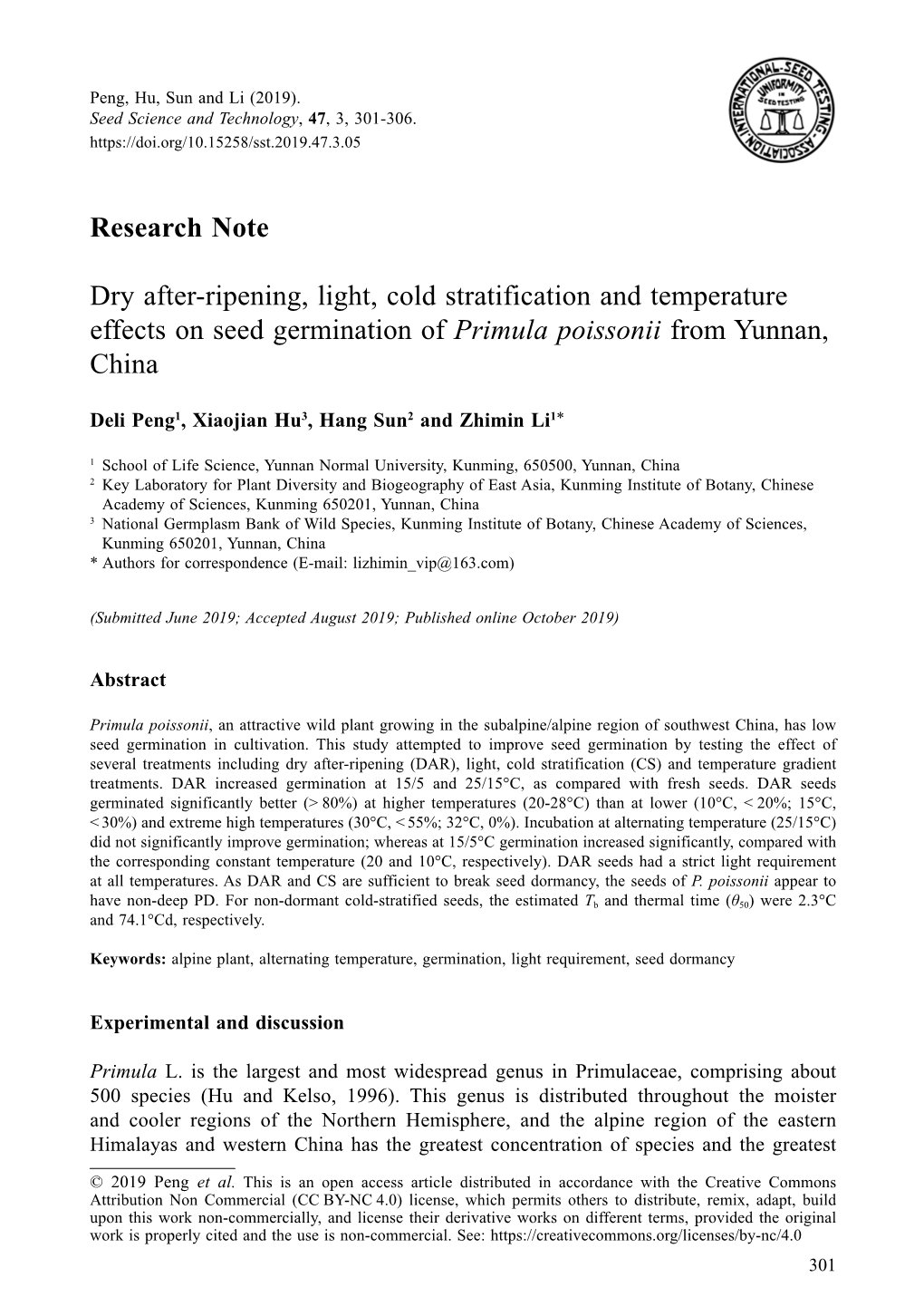 Dry After-Ripening, Light, Cold Stratification and Temperature Effects on Seed Germination of Primula Poissonii from Yunnan, China